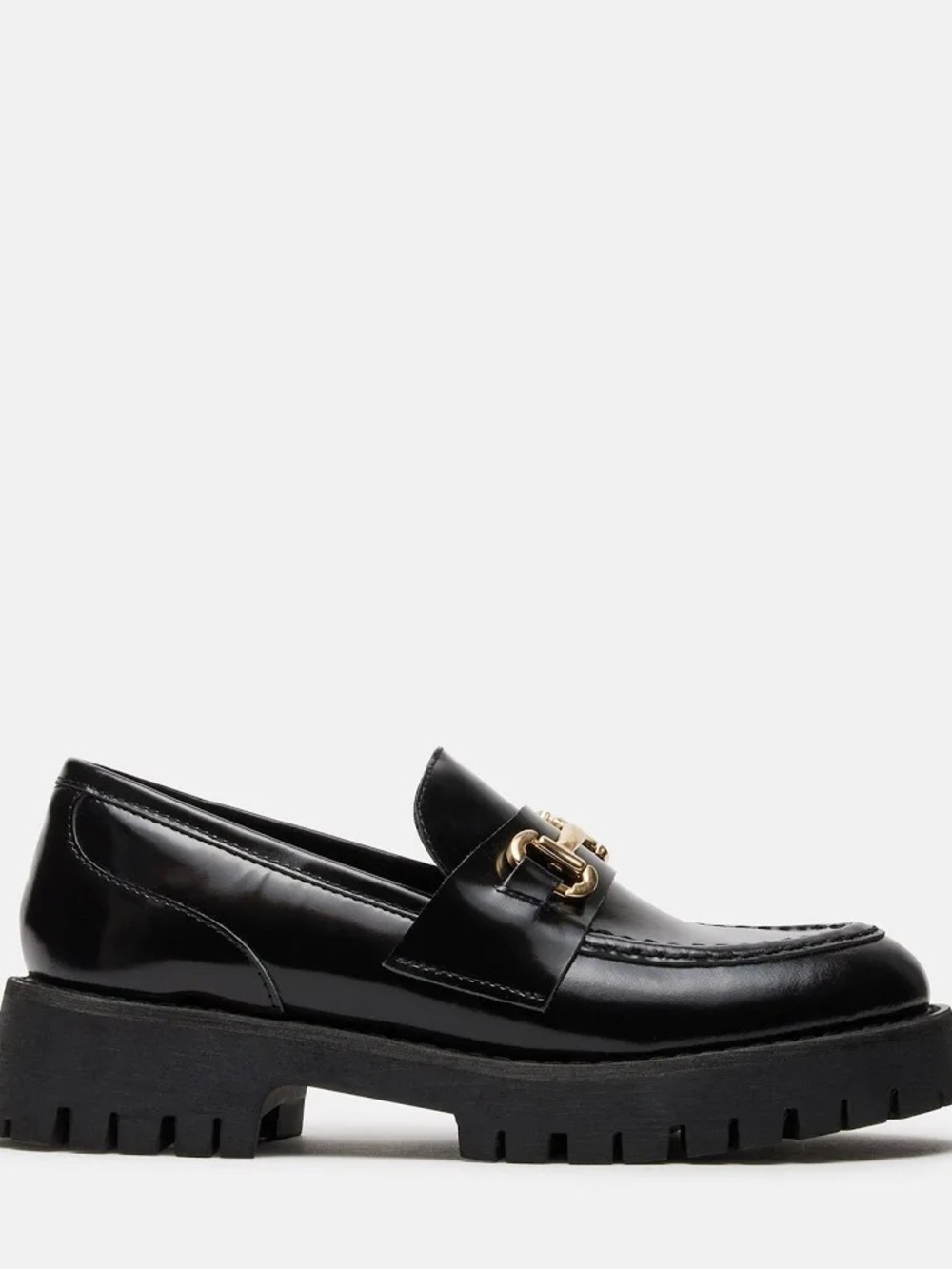 Like New Steve Madden Black Leather Chunky Loafer with Gold Chain Accent